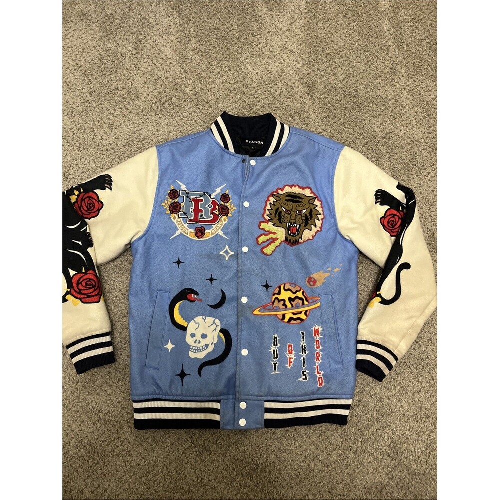 REASON Men's Retro Varsity Style Jacket 1990s Vibe Unique Artwork Size Large